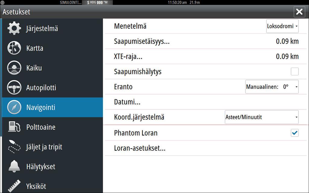 Navigointiasetukset Navigointimenetelmät Käytössä on erilaisia menetelmiä laskea kartalla olevien kahden pisteen välinen etäisyys ja suuntima.