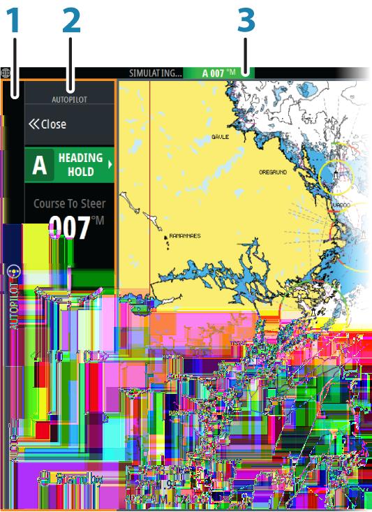 Autopilotin merkintä sivuilla 1 Hallintapalkki 2 Autopilotin ohjaintaulu 3 Autopilotin tilan ilmaisu tilapalkissa Autopilotin tilan ilmaisu tilapalkissa Tilapalkki näyttää autopilotin tietoja aina