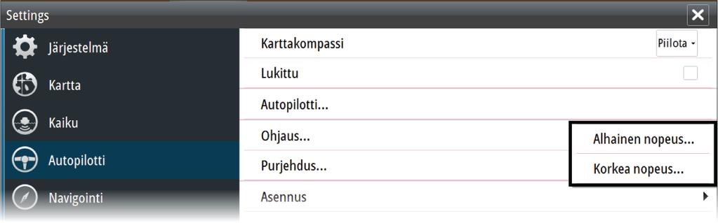 Ohjaus Näiden asetusten avulla voidaan muuttaa autopilottitietokoneen käyttöönoton yhteydessä asetettuja hitaan ja nopean nopeuden parametreja manuaalisesti.