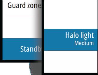 Halo-valo Säätää Halo-tutkan jalustan sinisen korostusvalon tasoja. Valolle on valittavissa neljä tasoa. Korostusvaloa voi säätää vain, kun tutka on valmiustilassa.