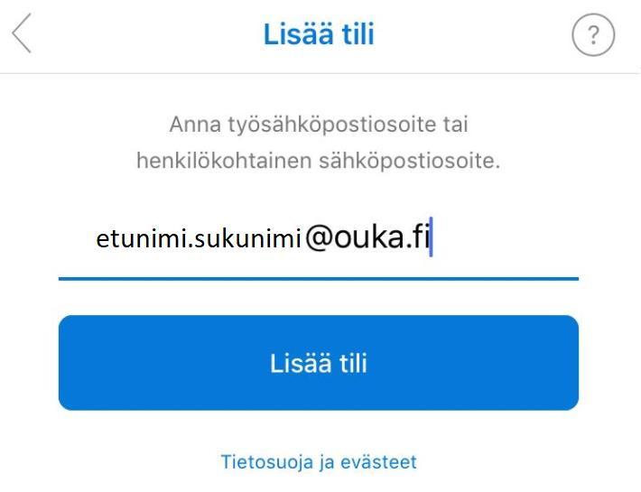 Sovellus pyytää sinua nyt lisäämään tilin.