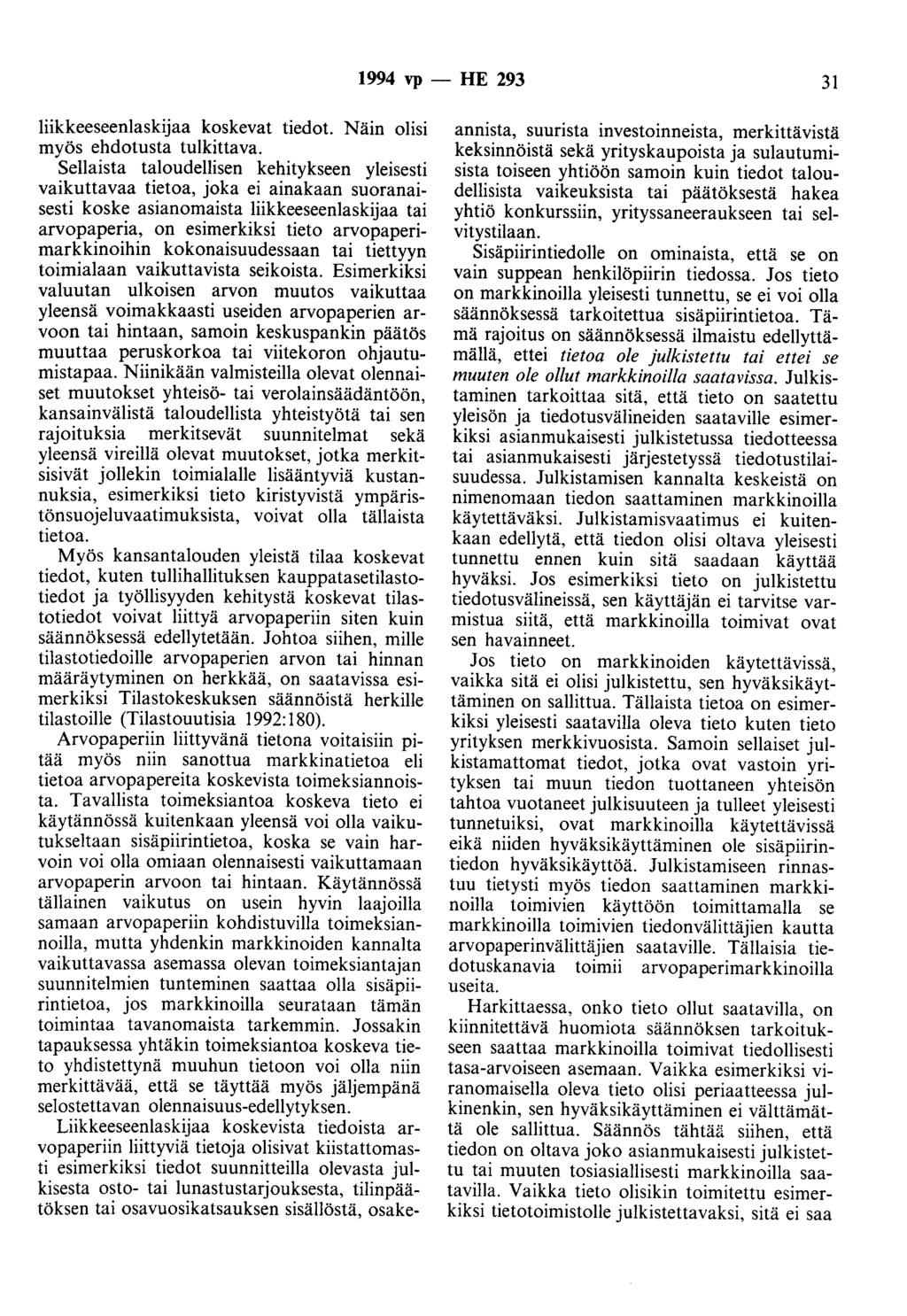 1994 vp - HE 293 31 liikkeeseenlaskijaa koskevat tiedot. Näin olisi myös ehdotusta tulkittava.