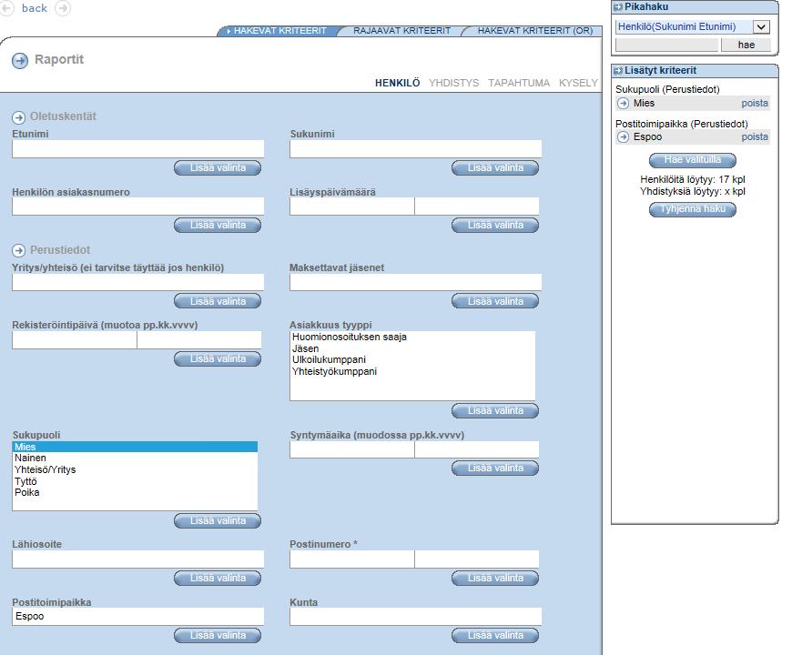 Sivu 2 / 7 HAKUKRITEERIT Valitse ensin joko HENKILÖ tai YHDISTYS, riippuen kummasta haluat hakea tietoja.