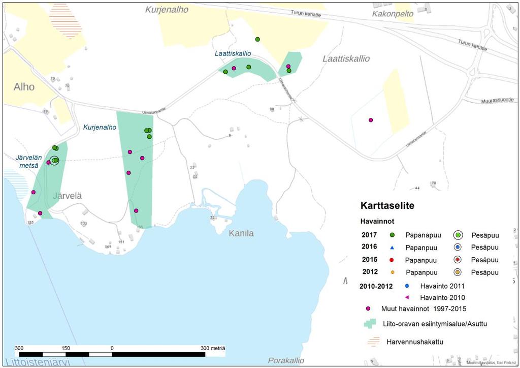 14 Kuva 8. Järvelän ja Laattiskallion ja Kurjenalhon metsät. 14. Kannitun metsä Ensimmäiset liito-oravahavainnot Kannitun metsäalueelta ovat vuodelta 2003.