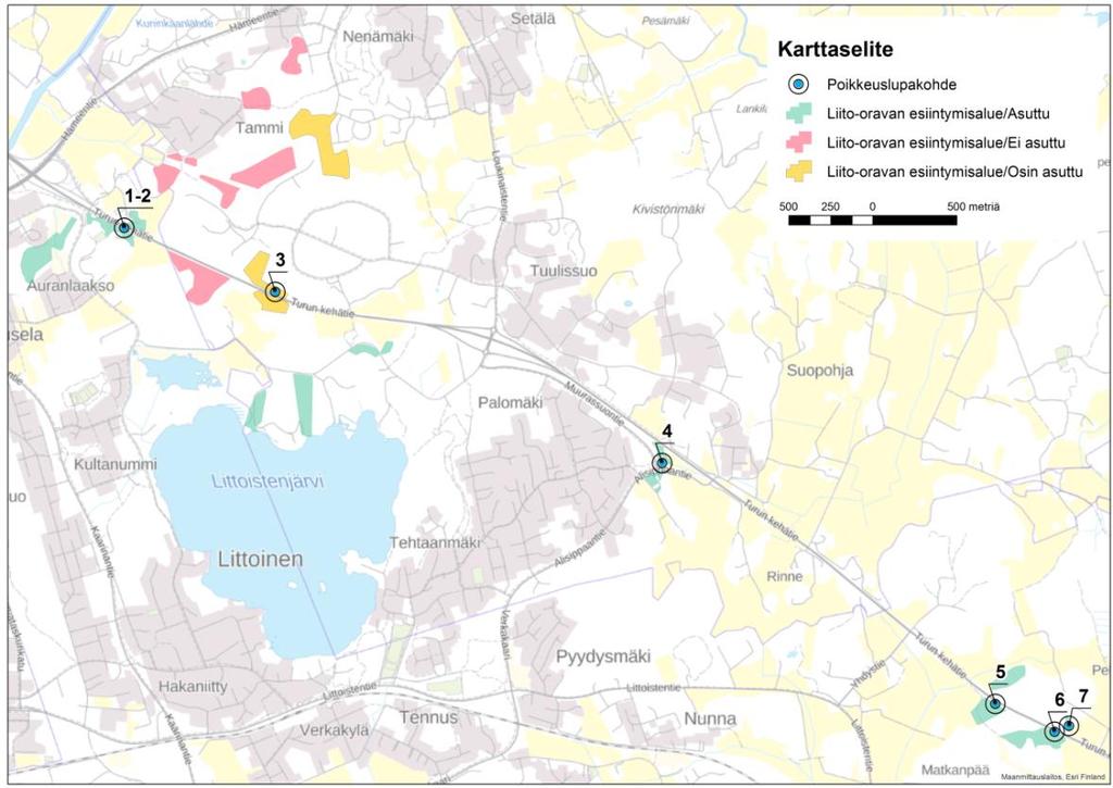 21 7 POIKKEUSLUPAKOHTEET Hanke ei vaikuta seuraaviin suunnittelualueella oleviin liito-oravakohteisiin: Muikunvuoren metsä, Kuokkamaan länsipuolen metsä, Tammen itäpuolen metsä, Tammen pohjoispuolen