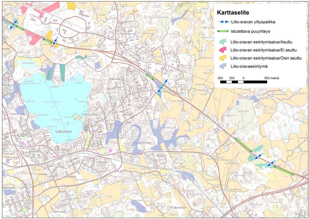 24 Kuva 18. Liito-oravan ylityspaikat kehätien parantamisen jälkeen sekä uudet kulkuyhteydet.