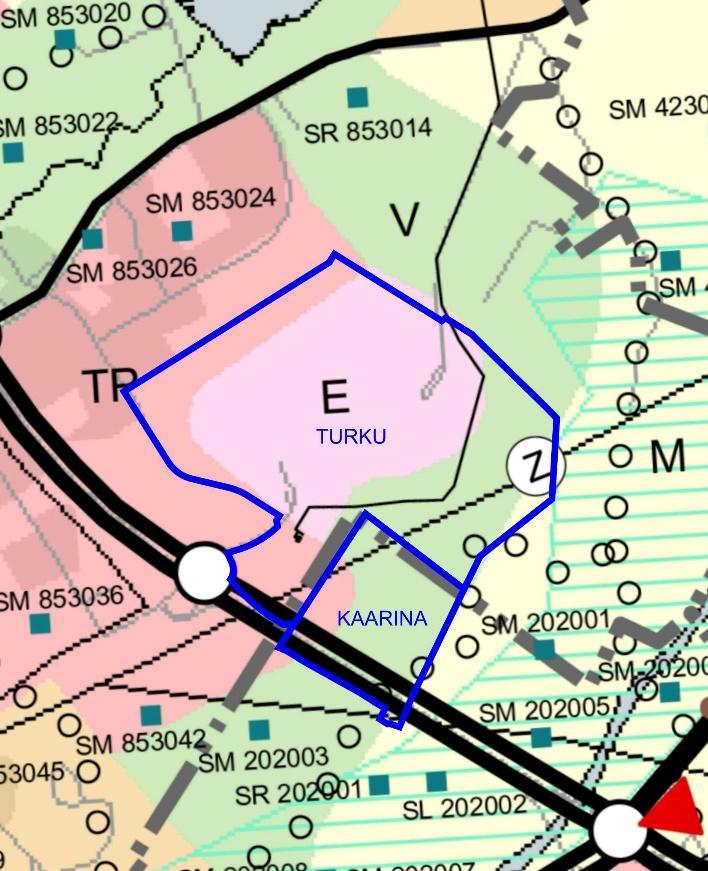 3 Kaavatilanne Maakuntakaavassa suunnittelualue on osoitettu työpaikka-alueeksi (TP), erityistoimintojen alueeksi (E), virkistysalueeksi (V) sekä pieneltä osin maa- ja metsätalousvaltaiseksi alueeksi