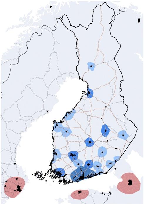 Aluerakenteen ja yhdyskuntien tulevan kehityksen aluetasot ja painopistealueet Helsingin työssäkäyntialue Noin tunti Helsinki- Vantaan lentokentältä vuonna 2040 Puolen tunnin etäisyys suurista ja