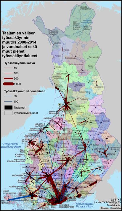 Kaupunkiseutujen välinen vuorovaikutus vahvistuu Kaupunkiseutujen välillä on kasvavassa määrin työssäkäyntiin, opiskeluun, yritystoimintaan ja palvelujen käyttöön liittyviä yhteyksiä ja liikkumista.