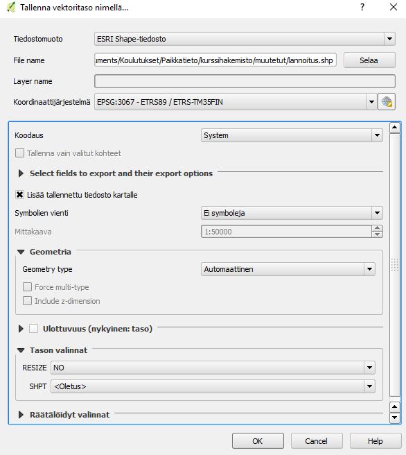 Valitse tallennuspaikka ja nimi sekä koordinaatistoksi EPSG:3067 ETRS89 / ETRS-TM35FIN. Olet ehkä saattanut huomata aineiston lataavan kauan kun liikutat karttanäkymää.