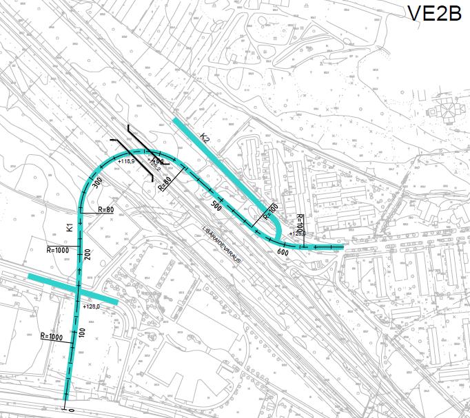 Kuva 12 Vaihtoehto VE2B. Vaihtoehto VE2C Vaihtoehdon VE2B linjausta muutettiin siten, että Valon pysäköintialueen pohjoispuolelle oleva liito-oravan elinpiiri voitiin välttää.