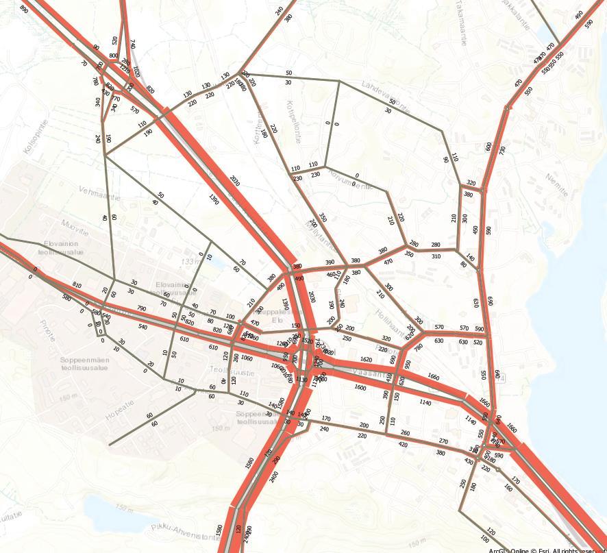 4.5 Liikenne-ennuste 2040 Vuoden 2040 iltahuipputunnin ennuste on esitetty kuvassa 22.