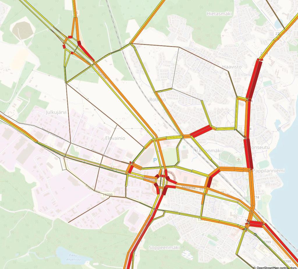 4.6 Liikenneverkon kuormitus ja ongelmalliset kohteet Liikennemallilla on tarkasteltu myös liikenneverkon ongelmakohteita.