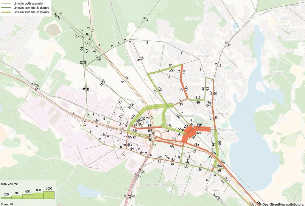 Kuva 25 Liikennemäärien muutos vuonna 2040, kun Pallotien yhteys on toteutettu verrattuna