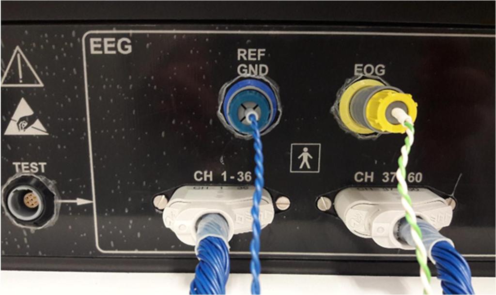 80 (88) EEG-rekisteröinnin asetukset - Impedanssimittauksen sulkemisen jälkeen ohjelma kehottaa vaihtamaan elektrodimyssyn sekä Ref/G- ja EOG-johdinten liittimet EEG-laitteen kyljen EEG-puolelle.