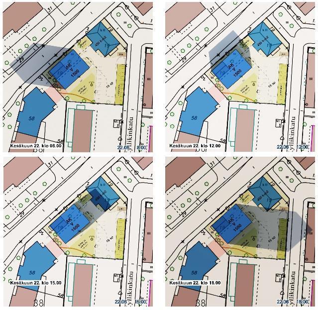 ASEMAKAAVAN MUUTOSEHDOTUS - VAIKUTUKSET Uudisrakennuksen vaikutuksesta varjonmuodostukseen teetätettiin varjoanalyysi käyttäen esimerkkinä kesäkuun 22. päivää neljältä eri kellonajalta.
