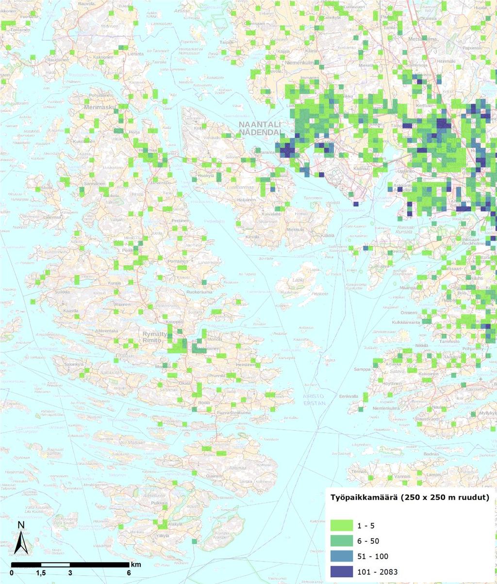 FCG SUUNNITTELU JA TEKNIIKKA OY Raportti 14 (53) Merimaskun ja Rymättylän saarialueella on yhteensä noin 630 työpaikkaa (kuva 12). Kuva 12.