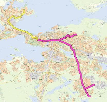 Raitiotielinjat yleissuunnitelman kokonaisuuden valmistuttua Tilanne vuonna 2023/2024 Molemmilla linjoilla 7,5 min vuoroväli / suunta Itsenäisyydenkadulla,