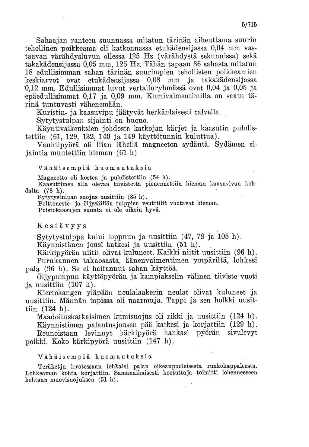 5/715 Sahaajan ranteen suunnassa mitatun tärinän aiheuttama suurin tehollinen poikkeama oli katkonna.ssa etukädensijassa 0,04 mm vastaavan värä.