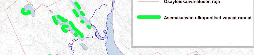 Kuva 31. Yleiskaava-alueen vapaat rannat. Vihreällä on osoitettu yleiskaava-alueen virkistys- sekä maa- ja metsätalousalueiden rannat asemakaava-alueen ulkopuolella.