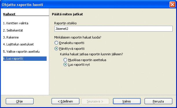 Viimeisessä vaiheessa annetaan raportille nimi (otsikko) ja napsautetaan -painiketta.