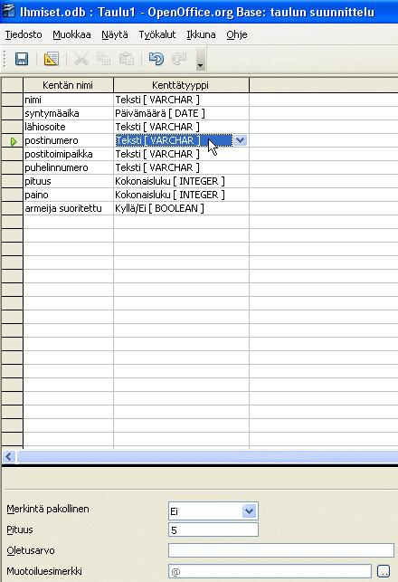 Huomaa siis, että postinumero ja puhelinnumero ei voi olla kokonaislukutyyppiä, koska ne voivat