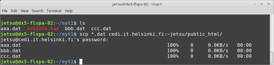 L8: linux linux: koneelta toiselle scp komento Esimerkki 1: Työskentelet koneessa sky1 hakemistossa username/. Komento scp *.DAT sky2:/home/username/dir1/ kopioi kaikki työhakemistosi.
