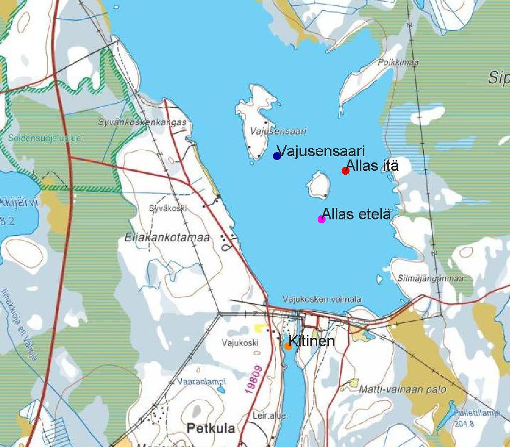 218(352) Kuva 10-16. Pintavesimallinnukset tarkastelupisteet. Lisäksi kuvan ulkopuolella on Matarakosken padon tarkastelupiste.