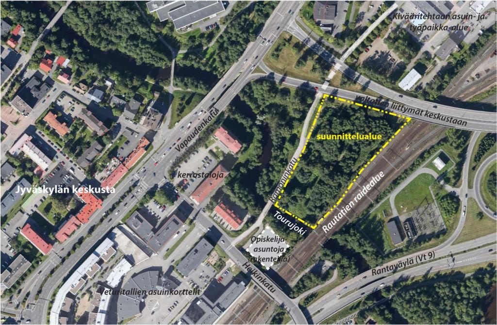 14:059 / Ramoninkatu 4, Rise-kampus / ASEMAKAAVASELOSTUS 21.2.2017 (6) 2 LÄHTÖKOHDAT 2.1 SELVITYS SUUNNITTELUALUEEN OLOISTA 2.1.1 Alueen yleiskuvaus Suunnittelualue sijaitsee Jyväskylän keskustassa Tourulan kaupunginosassa osoitteessa Ramoninkatu 4.
