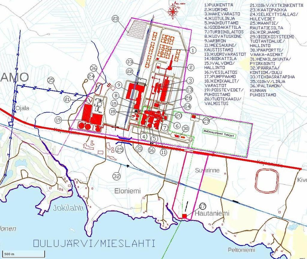 ASUKASKYSELY 23.1.2018 Kuva 2. Biojalostamon alustava layout-suunnitelma. Suunniteltu biojalostamo on täydellä jatkojalostusmäärällä (VE1) omavarainen eikä tuota merkittäviä määriä energiaa.