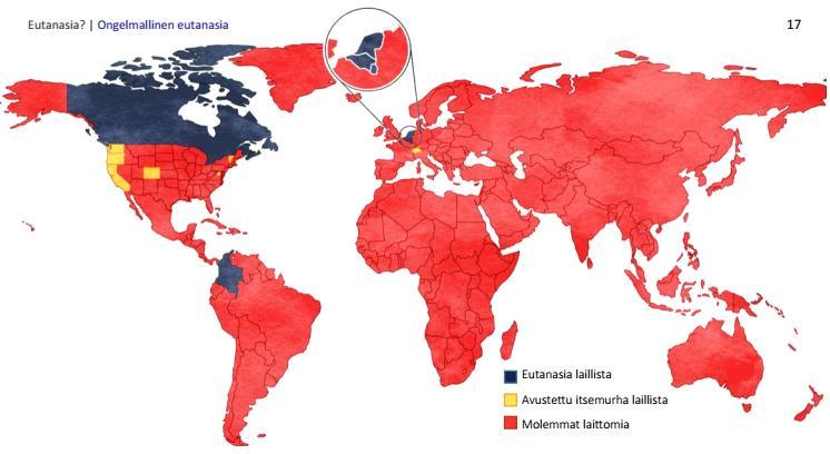 Kuva 2. Eutanasian ja avustetun itsemurhan laillisuus eri puolilla maailmaa. Eutanasiaan ja lääkäriavusteiseen itsemurhaan liittyviä ongelmia 1. Komplikaatiot.