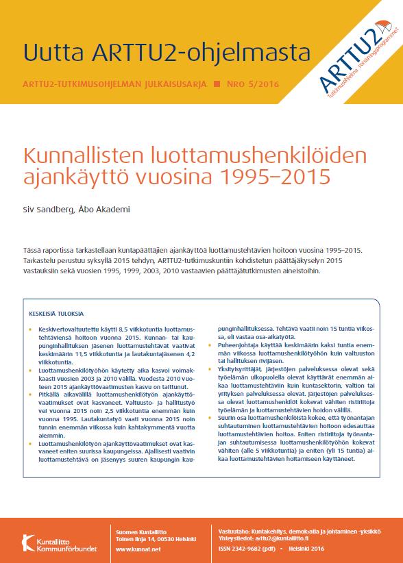 Päättäjäkysely 2015: Suurissa kaupungeissa luottamushenkilötyö vastaa osa-aikatyötä Kunta Luottamushenkilötyöhön käytetty aika, tuntia/viikko Vastaajien lkm (luott.