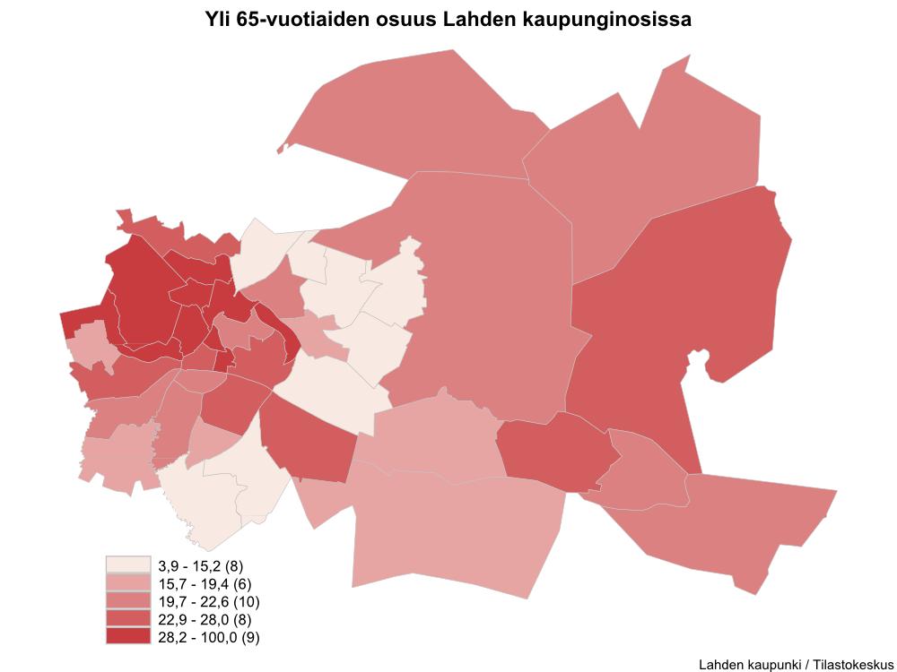 910 Keskusta eläköityy Yli 65-vuotiaista lahtelaisista 23,5 % asui Keskustassa, 20,1 % Launeella ja 14,8 % Kivimaa-Kiveriö-Joutjärvi - suuralueella.