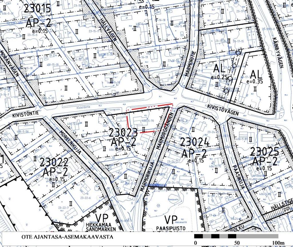 Asemakaava Kaavamuutosalueella on voimassa asemakaava nro 230100 (lainvoimainen 4.6.1984), jossa alue on asuinpientalojen korttelialuetta (AP-2), jolla tehokkuusluku e on 0.