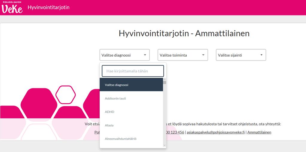 Diagnoosilistauksesta tehdään valinnat haun