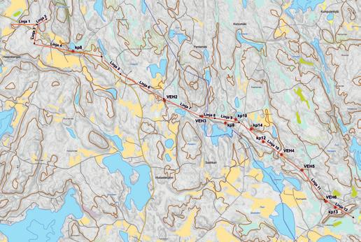 Vehmersalmi, kaaviollinen taiteviivapituusleikkaus painovoimalinjasta (havainnekuva). LIITE 11 180 170 160 150 140 130 Linja 1 Linja 4 Linja 3 Kp 8, +108.54, -5.