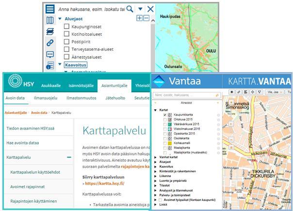 Esimerkkejä kaupunkien ja HSY:n paikkatietopalvelusivuilta 7.2.