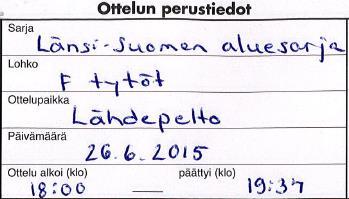 5 3. ENNEN OTTELUN ALKAMISTA TEHTÄVÄT MERKINNÄT 3.1. OTTELUN PERUSTIEDOT Sarja: Länsi-Suomen aluesarja, Varsinais-Suomen aluesarja, C-ikäisten leirikarsintasarja tai maakuntasarja.