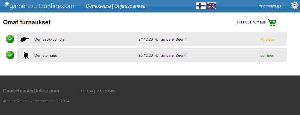 8 Omat turnaukset Sivulla näet organisaation turnaukset, joihin sinulla on muokkausoikeudet. Jos olet ylläpitäjä, näet kaikki turnaukset. Avustaja näkee oikeutetut turnaukset. 1.