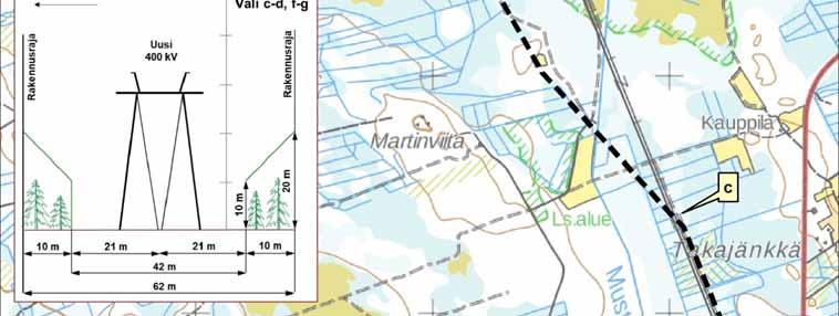 johtokäytävästä ja sijoittuu uuteen, noin 62 metriä leveään johtokäytävään (Kuva