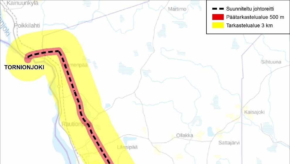 78 Ympäristövaikutusten arviointiohjelma Useimmat vaikutukset ovat suoria, jolloin tarkasteltava alue ulotetaan välittömään läheisyyteen, eli noin 100 metrin etäisyydelle uudesta voimajohdosta.