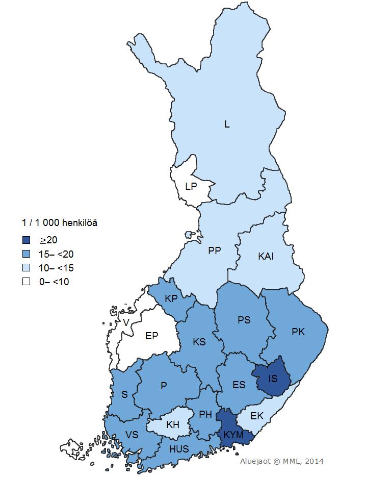 56 suurin Itä-Savossa, jossa 25,1 nuorta tuhannesta sai sairausvakuutuskorvausta rauhoittavista ja unilääkkeistä vuonna 2014.
