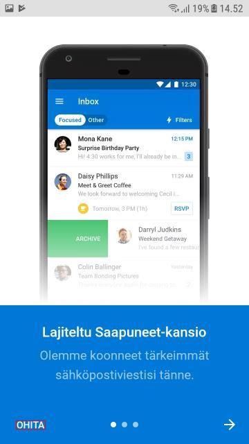 23. Sovellus kysyy Haluatko lisätä toisen tilin nyt?. Voit klikata Ohita. 24. Tämän jälkeen Outlook avautuu esittely-ikkunaan.