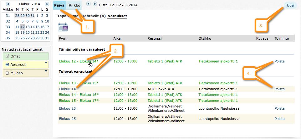 Kuva 2: Varauskalenterin päänäkymä viikkonäkymässä (oletusarvo on Päivä-näkymä).