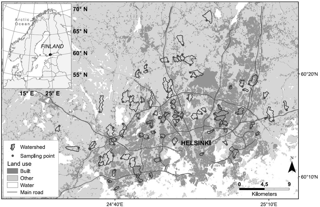 Kaupungin virtavesien laatu: alueellinen vaihtelu Urban rural gradientti 83 pienvaluma