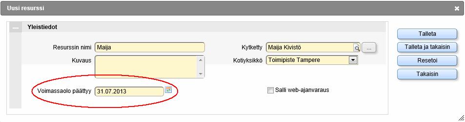 8/19 pudotusvalikkoon tai mihinkään henkilöhakuihin kalenterissa. Tarvittaessa resurssi voidaan palauttaa takaisin käyttöön, vanhat varaukset säilyvät kalenterissa normaalisti. 4.