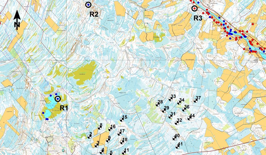 MELUMALLINNUS 5 lomarakennusten kohdalla. Reseptoripisteiden tuloksista käy ilmi tarkat keskiäänitasot (L Aeq ) kyseisten rakennusten kohdalla.