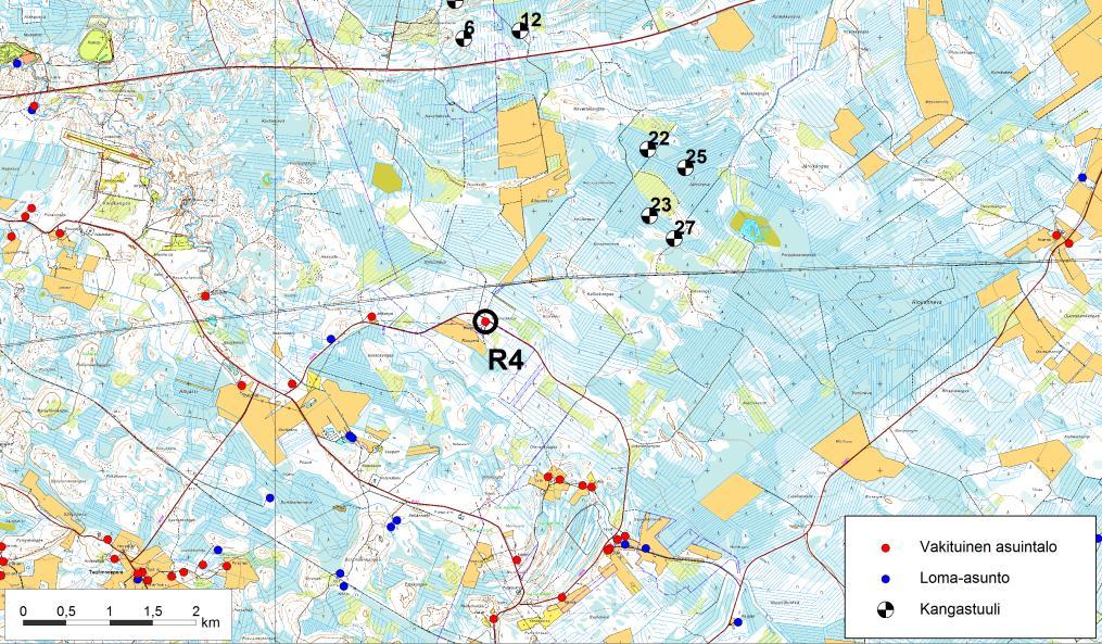 Taajuuspainottamattomien terssikaistakohtaisten melutasojen laskenta tehtiin kolmeen reseptoripisteeseen eli samojen rakennusten kohdalle kuin pistekohtainen keskiäänitason laskentakin.