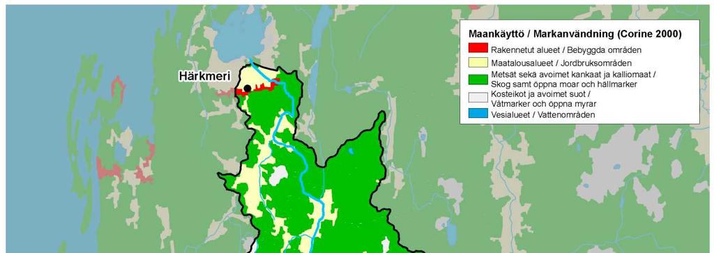 Kuva 5. Corine-aineiston mukainen maankäyttö Härkmerenjoen vesistöalueella. ( SYKE, ELYkeskukset; maankäyttö SYKE, osittain MMM, MML,VRK). 2.