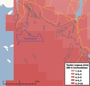 Kuva 2 4. Tuulen nopeus (m/s) vuositasolla Tornion edustan merialueella 100 metrin korkeudessa (Suomen Tuuliatlas, Ilmatieteen laitos 2009). Kuva 2 5.